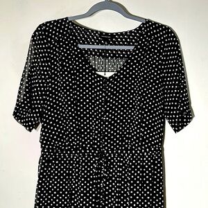 Who what wear black and white polkadot semi sheer button front tiered dress